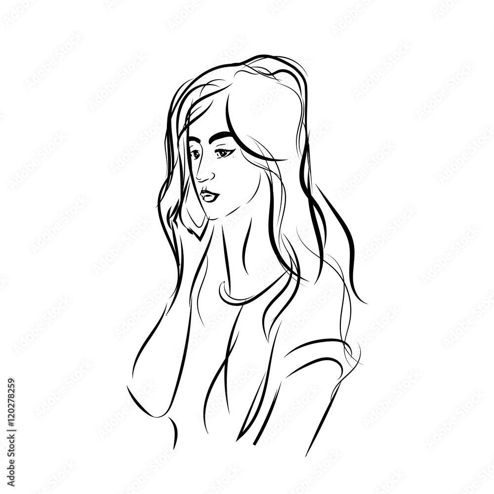 Girl talking on the phone. Portrait lines. Vector monochrome image. Girl talking on the phone. Portrait lines. Vector monochrome image.