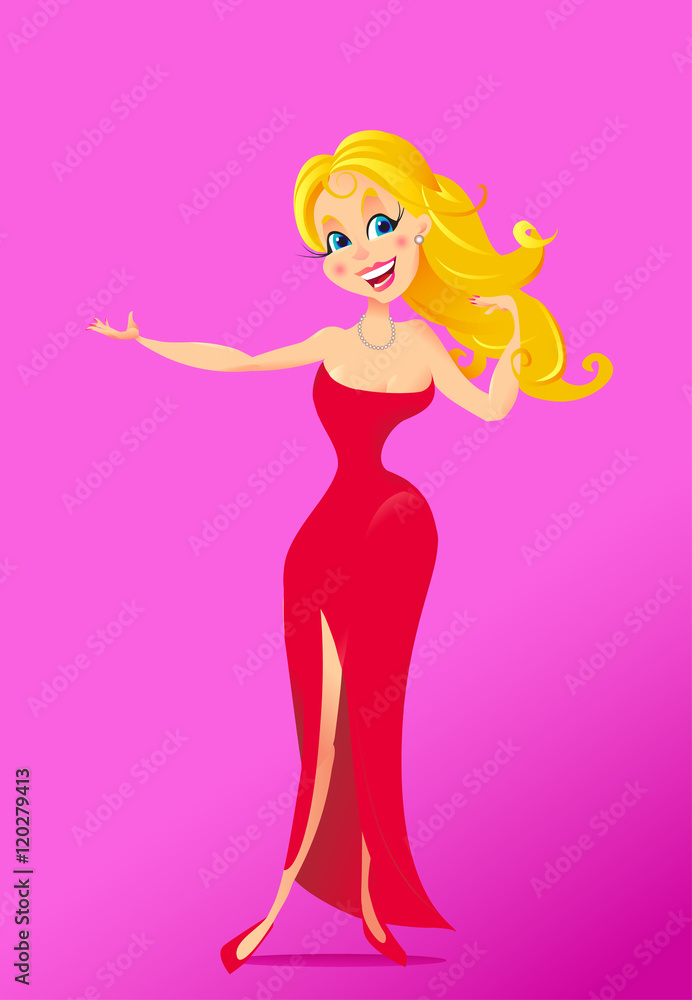 the smiling blonde girl in red dress with a flowing hair in pink