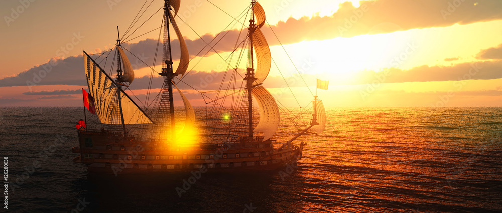 Abandoned historic sailing ship in the stormy sea 3d rendering