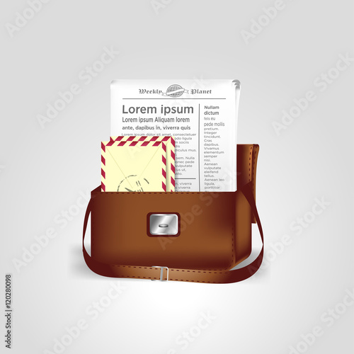 the bag of postman with letters, newspaper on gray background