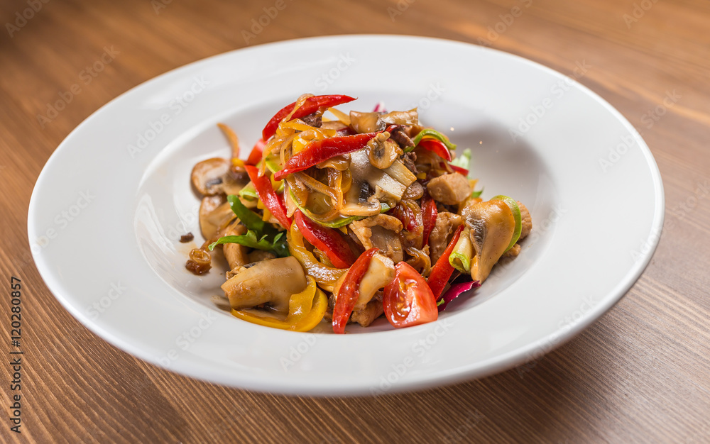 salad with mushrooms on white plate salad with mushrooms on white plate
