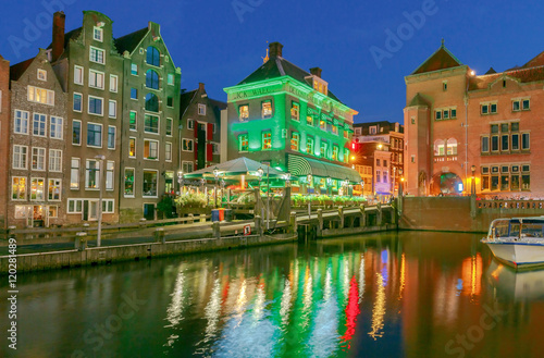 Amsterdam. Night view of the houses along the canal.