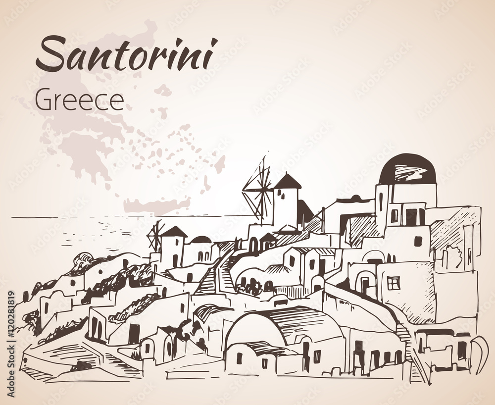 Santorini outline sketch - Greece.