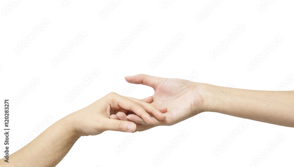 Closeup woman hand hold another woman hand for console and encourage in tender emotion isolated on white background with clipping path Closeup woman hand hold another woman hand for console and encourage in tender emotion isolated on white background with clipping path