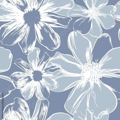Vector seamless pattern with hand-drawn ink flowers