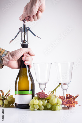 Fototapeta Naklejka Na Ścianę i Meble -  bottle of white wine and a corkscrew for wine