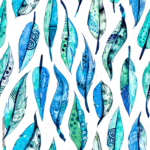 Watercolor feathers seamless pattern