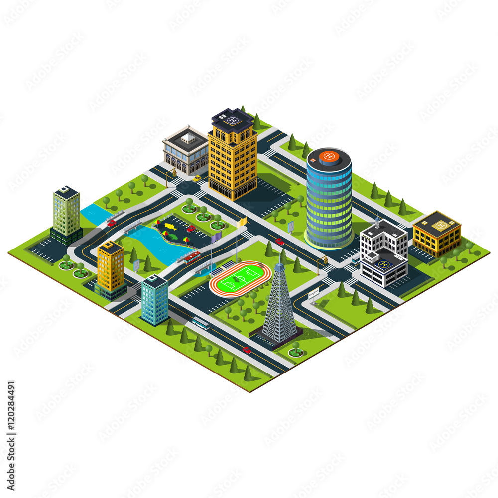 Big isometric city map. Crossroad and road markings illustration ...
