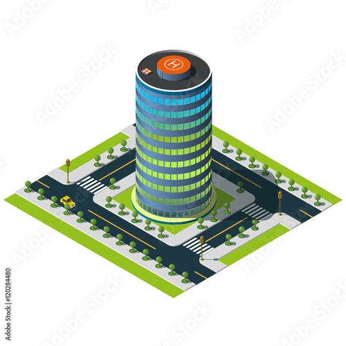 Isometric office building. Circle skyscraper icon. Road markings and crossroads illustration.