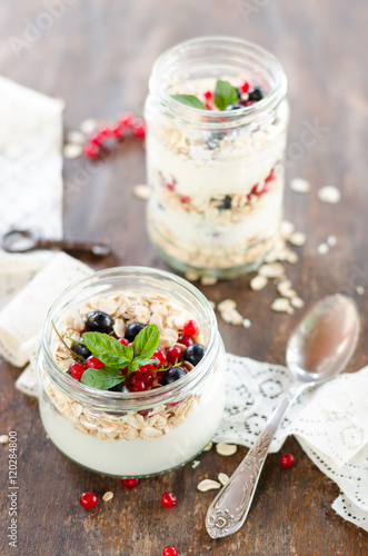 yogurt with berries and products for healthy breakfast, close-up
