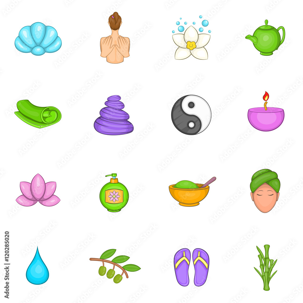 Spa icons set in cartoon style. Beauty and care elements set collection vector illustration