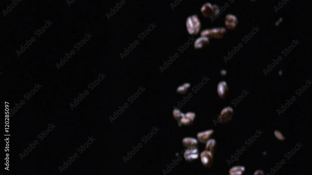Coffee Beans Falling Frame Right, Black Background Coffee Beans Falling Frame Right, Black Background