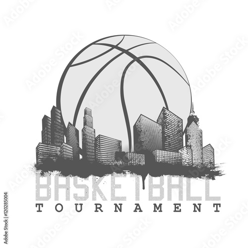 Basketball tournament Poster with buildings and skyscrapers mono