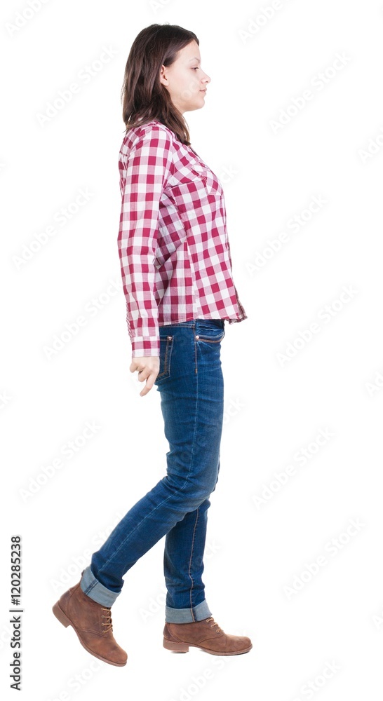 back view of walking woman in checkered shirt. beautiful brunette girl in motion. backside view of person. Rear view people collection. Isolated over white background. back view of walking woman in checkered shirt. beautiful brunette girl in motion. backside view of person. Rear view people collection. Isolated over white background.