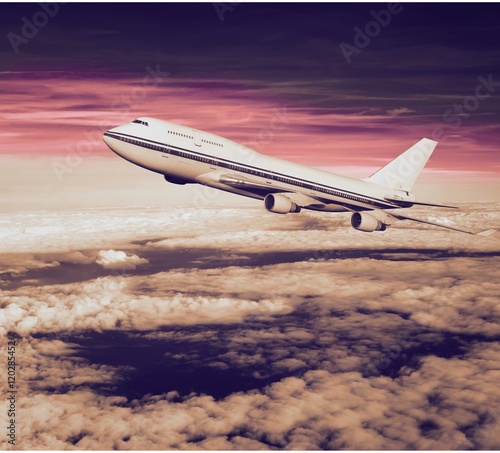 passenger airplane in the clouds. travel by air transport. flying to the top of the airliner. nobody
