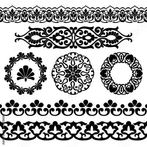 Vector set of Asian seamless tape, round and single patterns in the form of cotton in Uzbek national  style. Black templates on white background.
