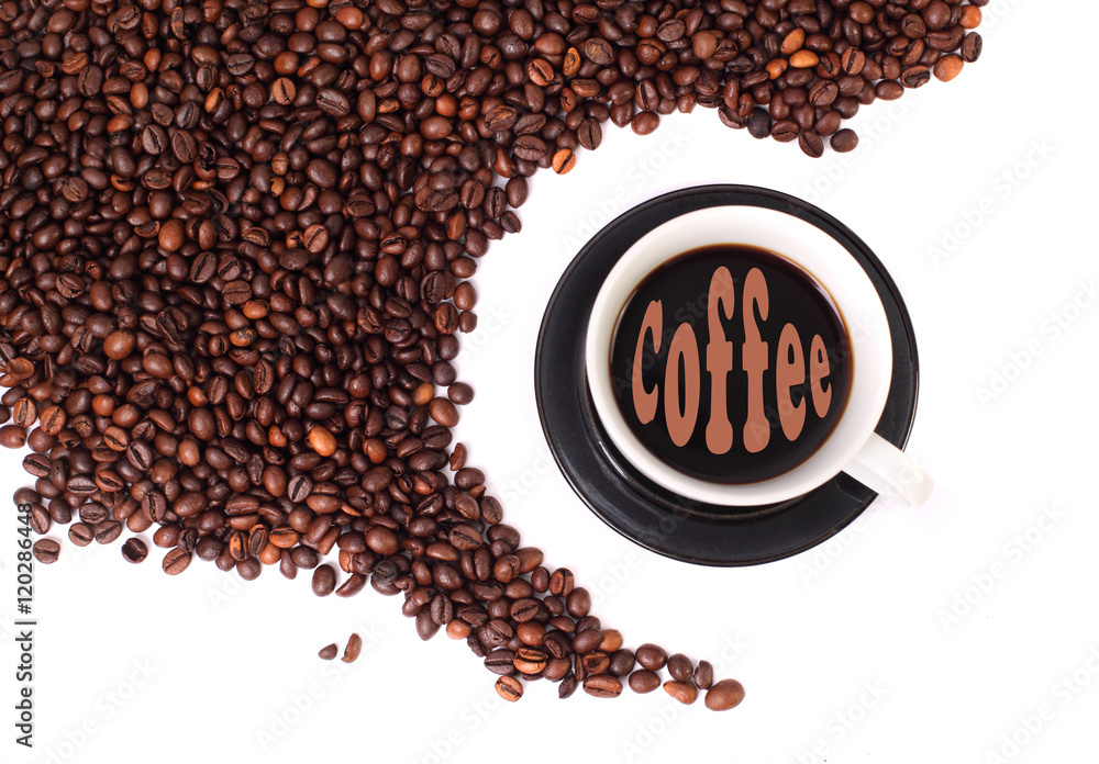 Naklejka premium Coffee beans with cup full of black coffe