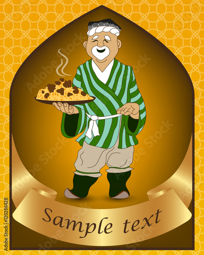 Cartoon doodle hand draw an Uzbek man prepares and invites pilaf - the national dish of Uzbekistan, Asia. Illustration as a template for the cook poster, teahouse sign, billboard.