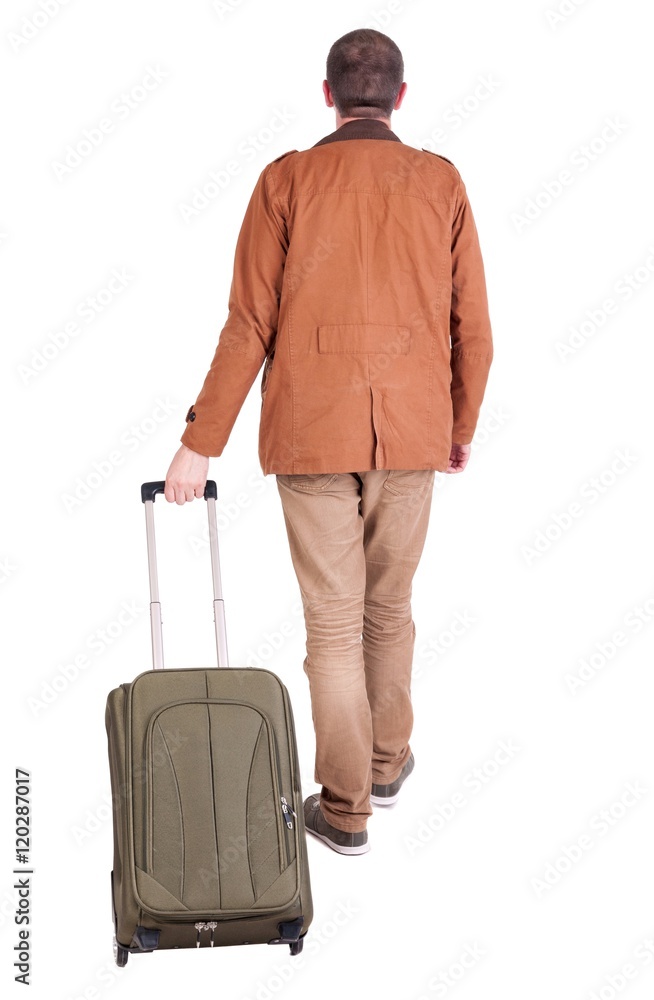 back view of walking man with suitcase. brunette guy in motion. backside view of person. Rear view people collection. Isolated over white background. back view of walking man with suitcase. brunette guy in motion. backside view of person. Rear view people collection. Isolated over white background.