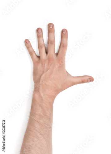 Close up view of a man's hand, isolated on white background