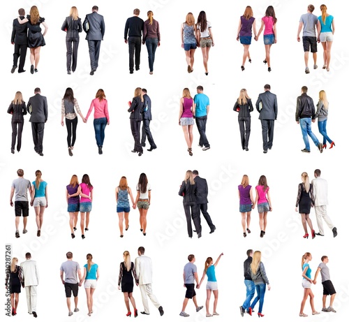 Collection Back view of walking young couple . Rear view people collection. backside view of person. Isolated over white background. young couples in official and street clothes moved
