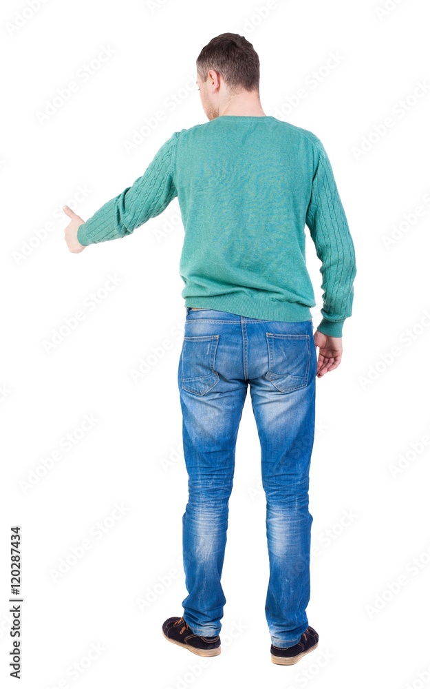 Back view of man thumbs up. Rear view people collection. backside view of  person. Isolated over