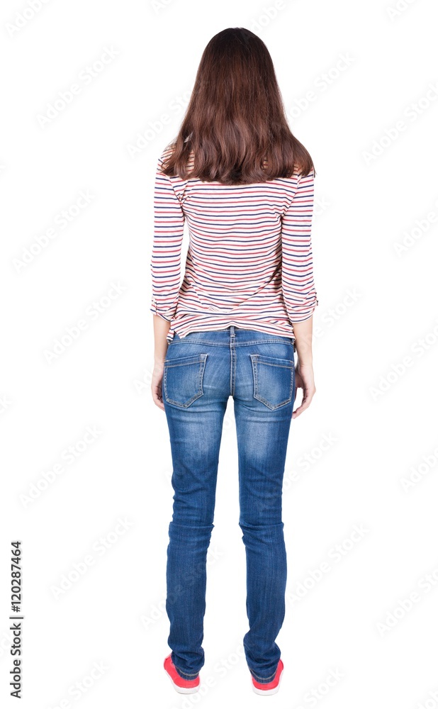 back view of standing young beautiful brunette woman. girl watching. Rear view people collection. backside view of person. Isolated over white background. back view of standing young beautiful brunette woman. girl watching. Rear view people collection. backside view of person. Isolated over white background.