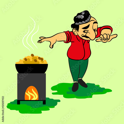 Man preparing Uzbek national dish pilaf and dancing. Vector cartoon doodle illustration of an Asian ethnic style.