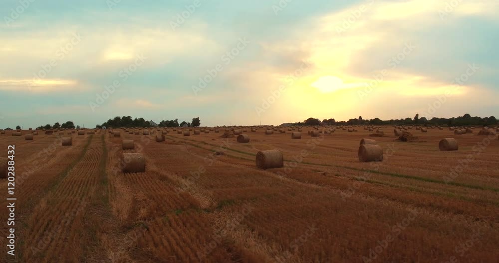 4k Aerial Field with Straw Bales Under Sunset Sky 4k Aerial Field with Straw Bales Under Sunset Sky