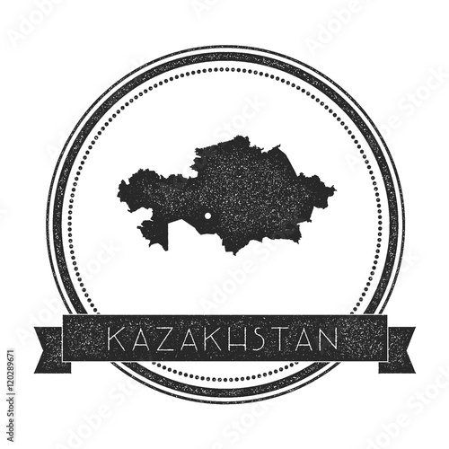 Retro distressed Kazakhstan badge with map. Hipster round rubber stamp with country name banner, vector illustration.