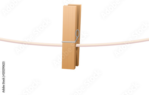 Clothespin on clothesline - one wooden item. Isolated vector illustration on white background.
