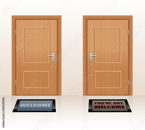 WELCOMING CULTURE - symbolically depicted with two doormats saying WELCOME and YOU'RE NOT WELCOME as a symbol for hospitality and rejection. Vector illustration.