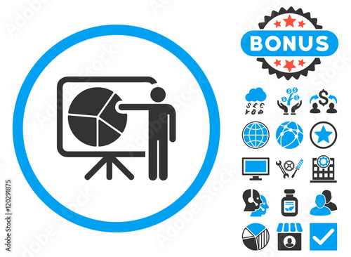 Chart Demonstration icon with bonus. Vector illustration style is flat iconic bicolor symbols, blue and gray colors, white background.