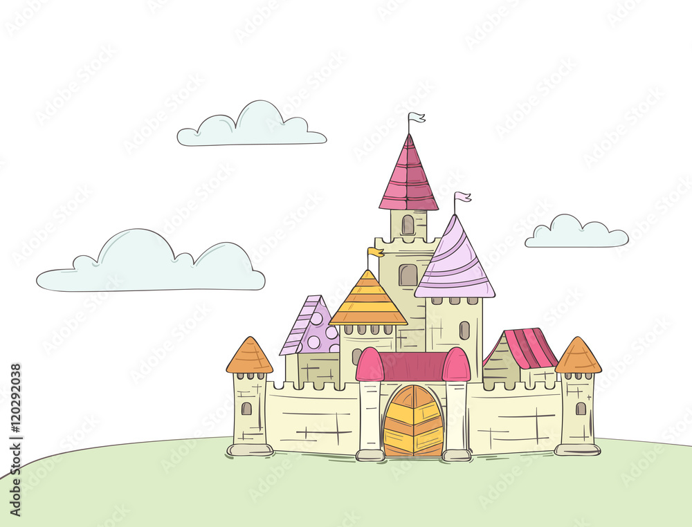 Cartoon fairy tale castle for children, princess kingdom with flags