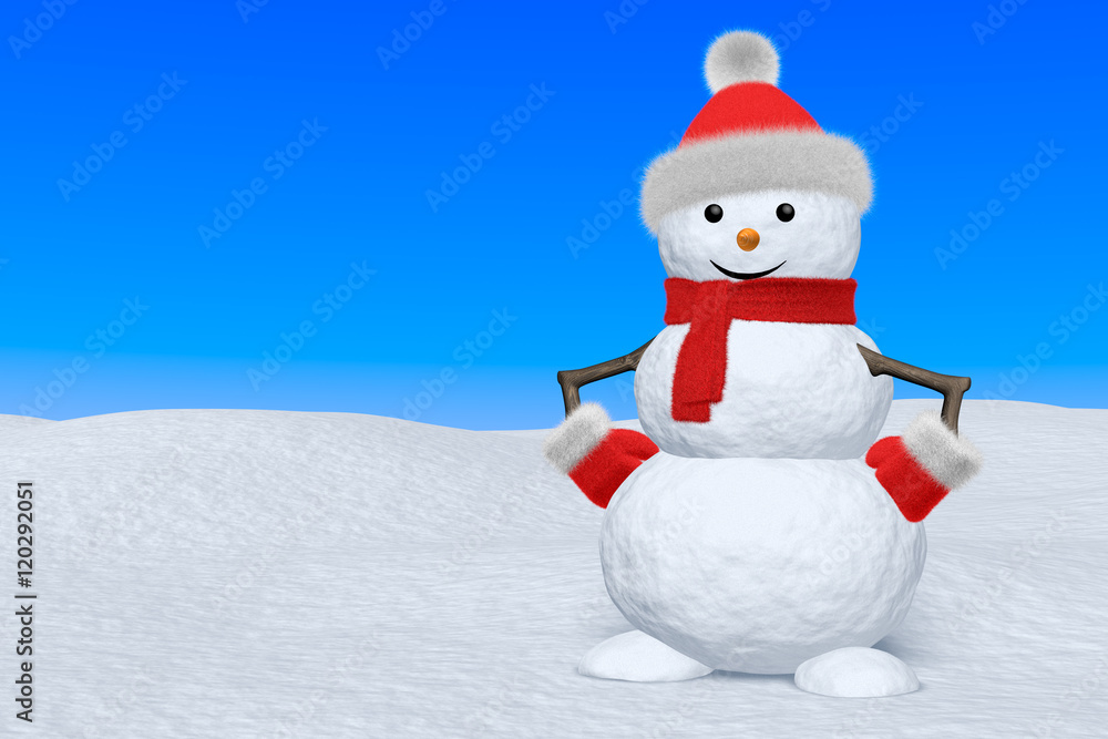 Snowman with scarf on snow under blue sky