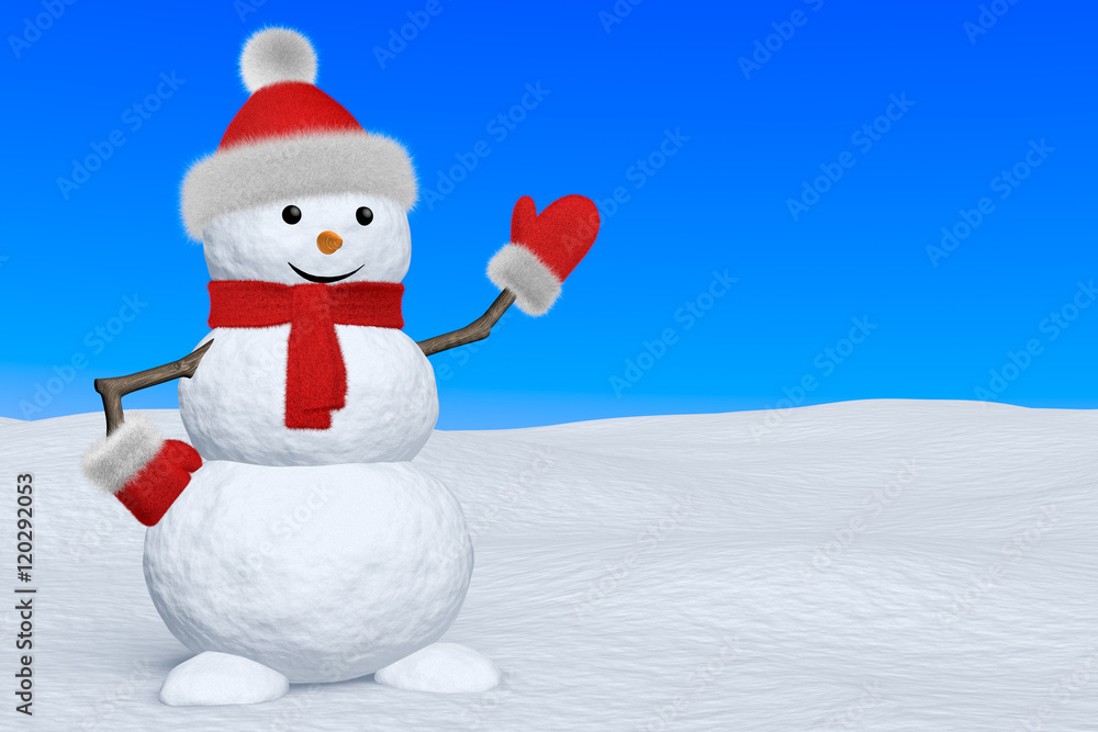 Snowman with scarf on snow pointing to copy-space