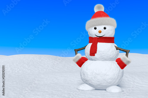 Snowman with scarf on snow under blue sky © alexus