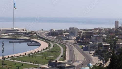 View of Baku from a height. Prospect Neftchilar and the biggest flag in the world. The Republic of Azerbaijan photo