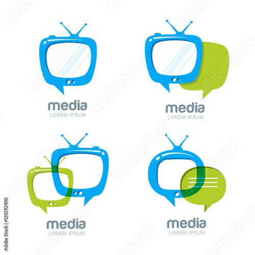 Media and tv news vector logo design template. Television broadcast concept. Isolated tv speech bubble icons set.