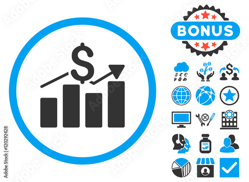 Sales Chart icon with bonus. Vector illustration style is flat iconic bicolor symbols, blue and gray colors, white background.