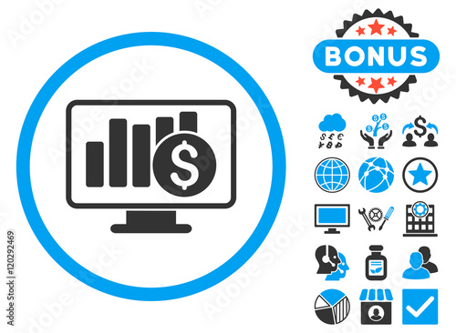 Sales Monitor icon with bonus. Vector illustration style is flat iconic bicolor symbols, blue and gray colors, white background.