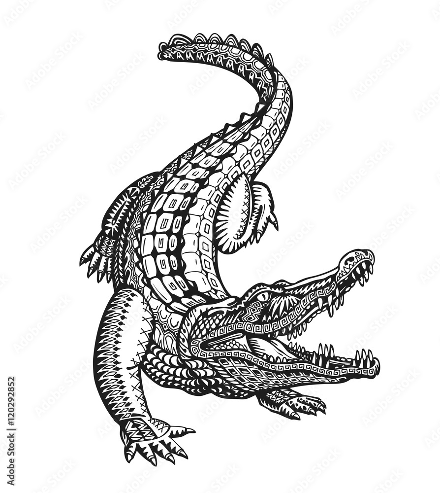Crocodile, alligator or animal painted tribal ethnic ornament. Hand drawn vector illustration with decorative elements - obrazy, fototapety, plakaty 