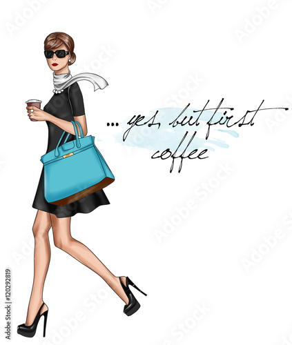 Tableau sur toile iLLUSTRATION OF A GIRL WALKING WITH A CUP OF COFFEE