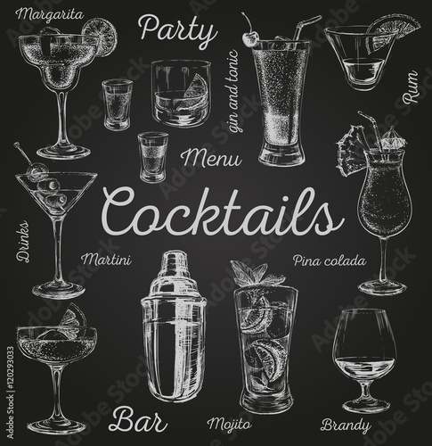 Set sketch cocktails and alcohol drinks hand drawn illustration