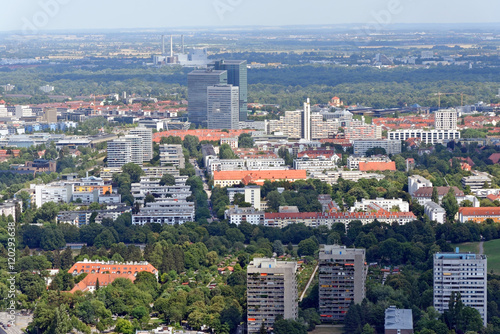 Aerial view of Munich, Germany from the 291 m high Olympic tower (Olympiaturm).