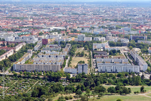 Aerial view of Munich, Germany from the 291 m high Olympic tower (Olympiaturm).