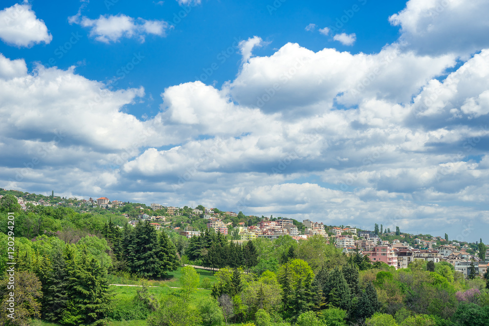 Fototapeta premium City landscape. The town, surrounded by greenery on the background of large volumetric clouds. Cottage village, located on a hillside. Trees in bright spring foliage