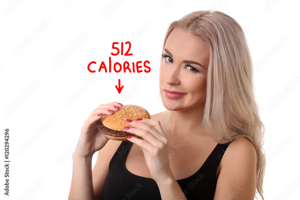 Woman with high-calorie burger. Close up. White background Woman with high-calorie burger. Close up. White background