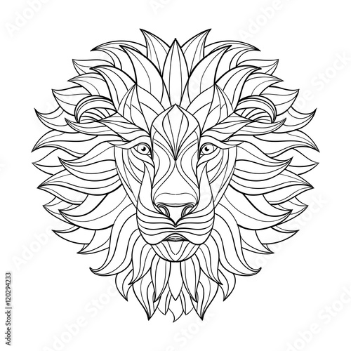 Detailed Lion in aztec style. Patterned head of the lion on isolated background. African indian totem tattoo design. Vector illustration. Eps10.