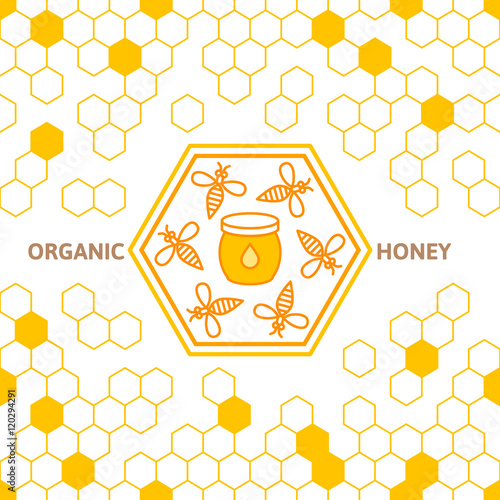 Outline bee vector symbol and seamless background with honeycombs. Organic honey linear logo, label, tags design elements. Concept for honey package, banner, wrapping. Abstract food background.